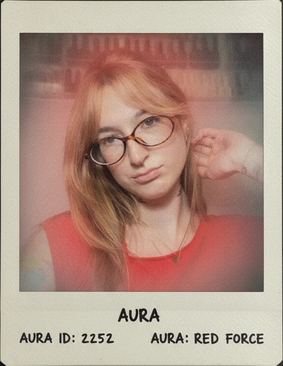 Camryn's aura photo: a polaroid of her in glasses and a red top with a red glow around her, labelled aura: red force